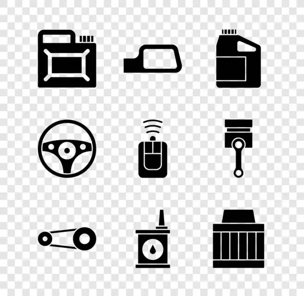 Set container voor motorolie, auto spiegel, Timing riem kit, luchtfilter, stuurwiel en sleutel met afstandsbediening pictogram. Vector — Stockvector