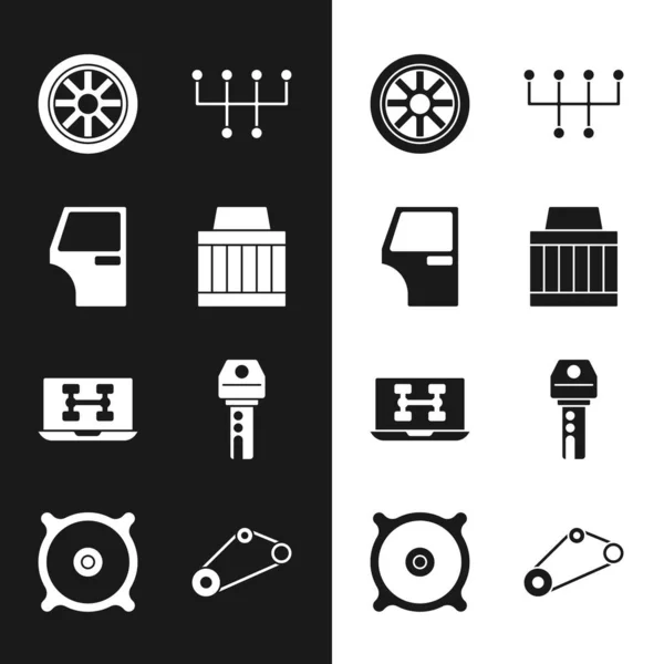 Set Car air filter, door, wheel, Gear shifter, Diagnostics condition of car, key with remote, Timing belt kit and audio speaker icon. Vector — Stock Vector
