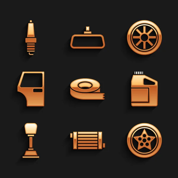Set Scotch tape, Car radiator kylsystem, hjul, behållare för motorolja, Växelspak, dörr, och tändstift ikon. Vektor — Stock vektor