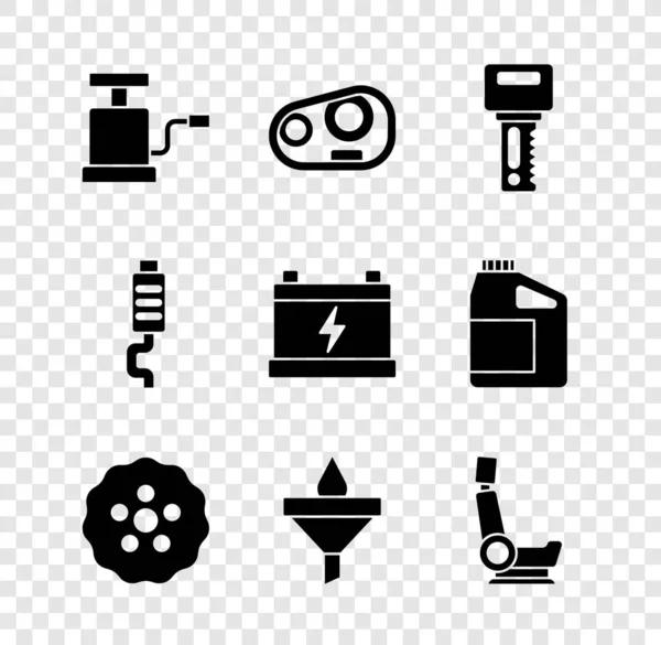 Set Car air pump, headlight, key with remote, Gear, Funnel and oil drop, seat, muffler and battery icon. Vector — Stock Vector