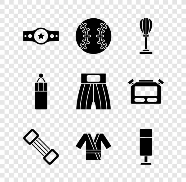 Set Boxing belt, Baseball ball, Punching bag, Chest expander, Japanese costume Kimono, and short icon. Vector — Stockvektor