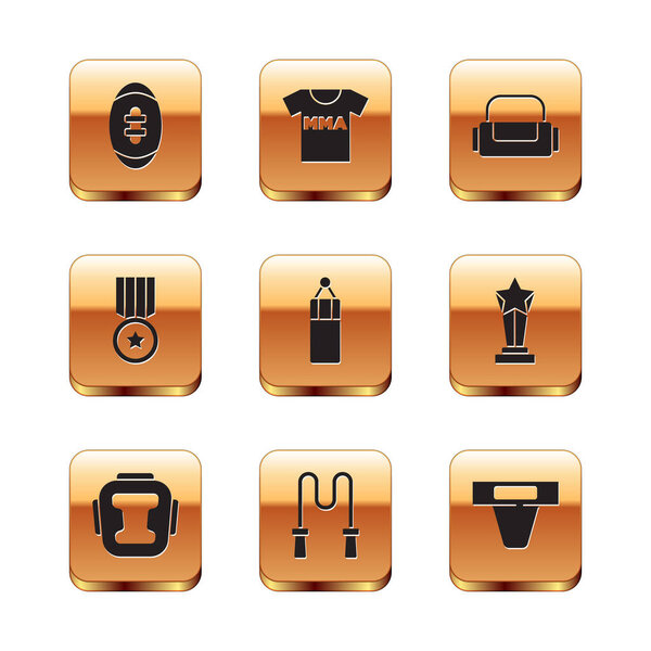 Set American Football ball, Boxing helmet, Jump rope, Punching bag, Medal, Sport, Groin guard and T-shirt with fight club MMA icon. Vector