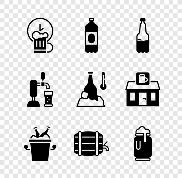 Set Happy hour, Plastic beer bottle, Beer bottles in ice bucket, Wooden barrel on rack, can with foam, tap glass and Cold icon. Vector — 图库矢量图片