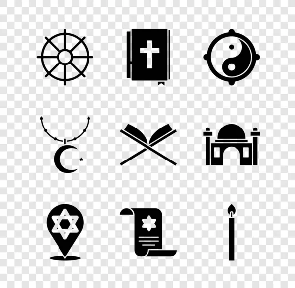 Set Dharma wheel, Holy bible book, Yin Yang, Star of David, Torah scroll, Burning candle, crescent on chain and Koran icon. Vector — стоковый вектор