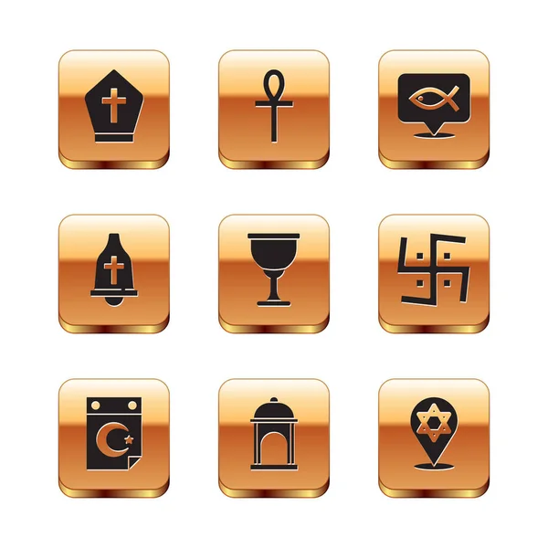 Set Pope hat, Star and crescent, Muslim Mosque, Holy grail or chalice, Church bell, Christian fish, of David and Cross ankh icon. Vector — Stockvektor