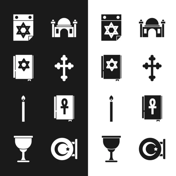 Set Christian cross, Jewish torah book, calendar, Muslim Mosque, Burning candle, Cross ankh, Star crescent and Holy grail chalice icon. Vector — Stock Vector