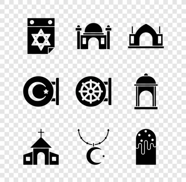 Definir calendário judaico, mesquita muçulmana, templo espiritual hindu, construção da Igreja, Estrela e crescente na cadeia, bolo de Páscoa, e ícone roda de dharma. Vetor —  Vetores de Stock