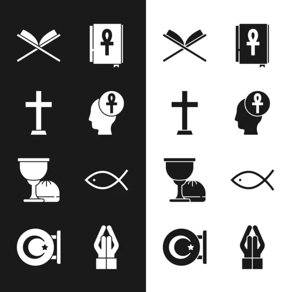 Set Cross ankh, Christian cross, Holy book of Koran, grail chalice, fish, Hands in praying position and Star crescent icon. Vector — стоковый вектор