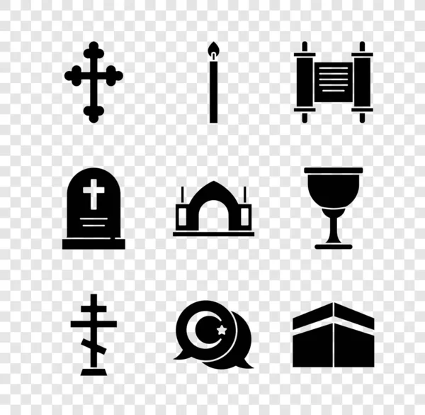 Set Christian cross, Burning candle, Decree, paper, parchment, scroll, Star crescent, Kaaba mosque, Tombstone with and Hindu spiritual temple icon. Vector — Stockvektor