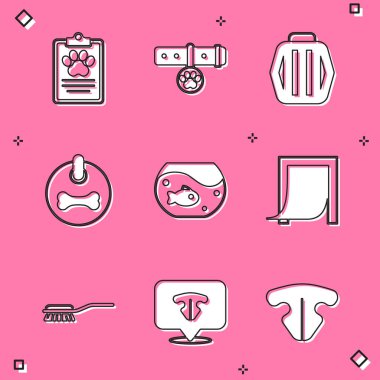 Klinik kayıt evcil hayvanı, yaka kartı, hayvan taşıma çantası, köpek tasması, akvaryum balığı, kapı, saç fırçası köpeği ve kedi burnu ikonu. Vektör