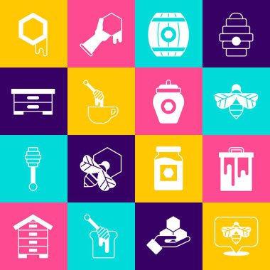 Bee, Bal Tarağı, Ballı Tahta fıçı, Dipper Çubuğu, Arılar için Kovan ve Simge Kavanozu. Vektör