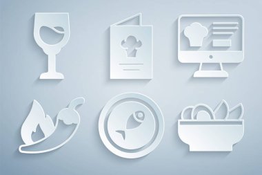 Tabağa servis edilmiş balık, online sipariş ve teslimat, acı biber kapsülü, Nachos, yemek kitabı ve şarap bardağı ikonu. Vektör