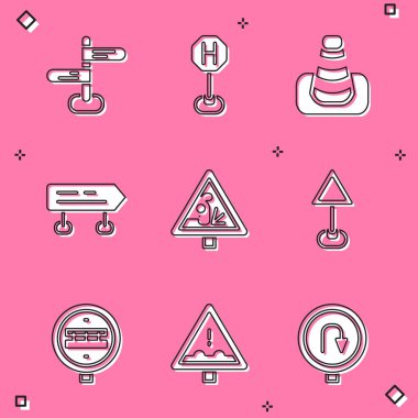 Trafik levhası, hastane yolu, trafik konisi, uyarı, üçgen uyarısı boş, demiryolu kavşağı ve Uneven ikonu. Vektör