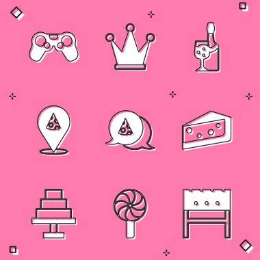 Gamepad, Crown, şampanya şişesi, pizza dilimi, kek, pasta ve lolipop ikonu. Vektör