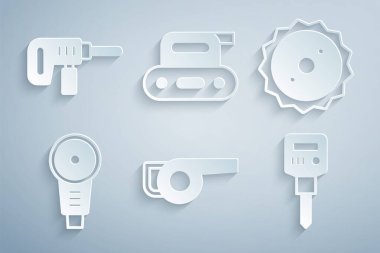 Yaprak üfleyici, testere bıçağı, çember kesici, inşaat matkabı, elektrikli planör aleti ve matkap ikonu. Vektör