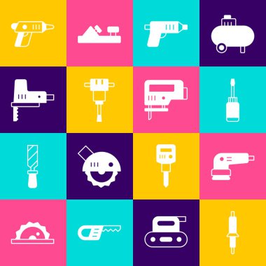 Lehim makinesi, elektrikli zımpara makinesi, tornavida, kablosuz tornavida, inşaat matkabı, yapboz ve ikon. Vektör