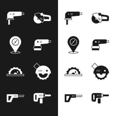 Elektrikli zımpara makinesi, testere bıçağı, yapboz, açılı öğütücü, dairesel matkap ve karşılama ikonu. Vektör