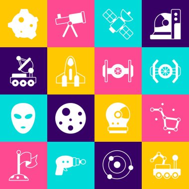 Mars gezgini, Büyük Ayı takımyıldızı, Kozmik gemi, Uydu, Roket, Asteroid ve ikon. Vektör