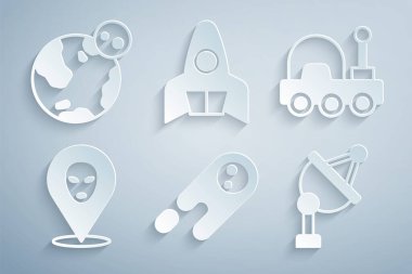 Kuyruklu yıldız hızla düşüyor, Mars gezgini, uzaylı, uydu çanağı, roket gemisi ve dünya ikonu. Vektör