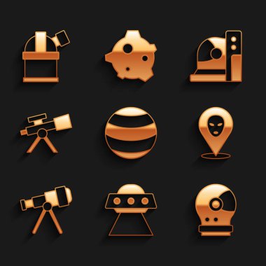 Set Gezegeni, UFO uçan uzay gemisi, Astronot miğferi, Uzaylı, Teleskop ve Astronomik Gözlemevi ikonu. Vektör