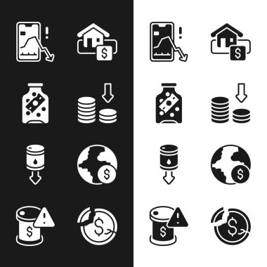 Dolar oranı düşüşü, madeni paralı cam para kavanozu, mobil hisse senedi ticareti, asma levhası indirimi, ham petrol fiyatını düşürme, küresel ekonomik kriz ve ikon. Vektör
