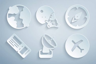 Set Radar, Compass, Airline ticket, Plane, Modern pilot helmet and Worldwide icon. Vector