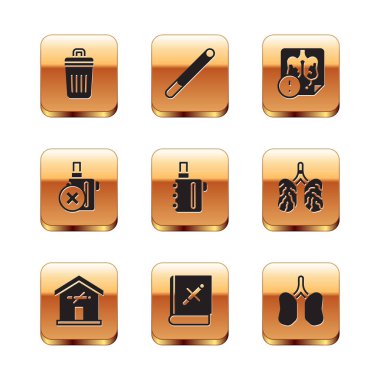 Set Trash can, No smoking at home, Book with stop cigarette, Electronic, electronic, Disease lungs, Lungs and Cigarette icon. Vector