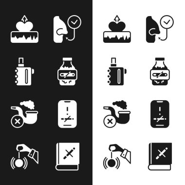 Set Nicotine gum in blister pack, Electronic cigarette, Heartbeat increase, Healthy breathing, Smoking pipe with smoke, No smoking, Book stop and Hypnosis icon. Vector