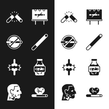 Set Cigarette, No smoking, Broken cigarette, Joint pain, knee pain, Nicotine gum blister pack, Heart disease with and Throat cancer icon. Vector