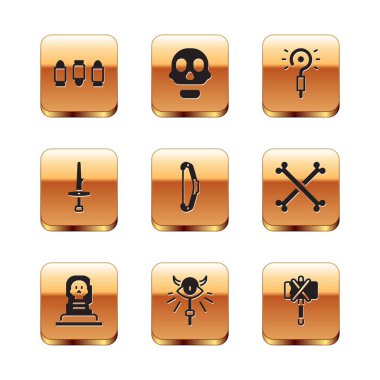 Set Bullet, Grave with tombstone, Magic staff, Medieval bow, Dagger, wand, axe and Skull icon. Vector