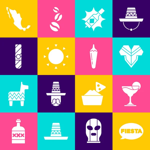 Set Fiesta, Margarita cocktail, Poncho, Tabasco sauce, Sun, Cigar, Map of mexican and Hot chili pepper pod icon. Vector — 스톡 벡터