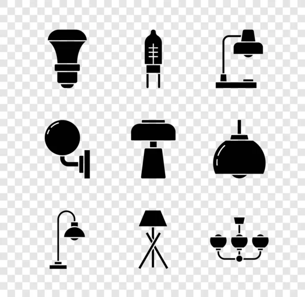 Set LED-lamp, Lichtemitterende diode, Tafellamp, Vloer, Kroonluchter, Wandkap en icoon. Vector — Stockvector