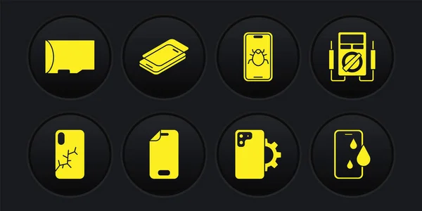 Set Mobile avec écran cassé, Multimètre, Protecteur en verre, Service de réparation de téléphone, Système bug mobile, Téléphone étanche et Micro SD icône de la carte mémoire. Vecteur — Image vectorielle