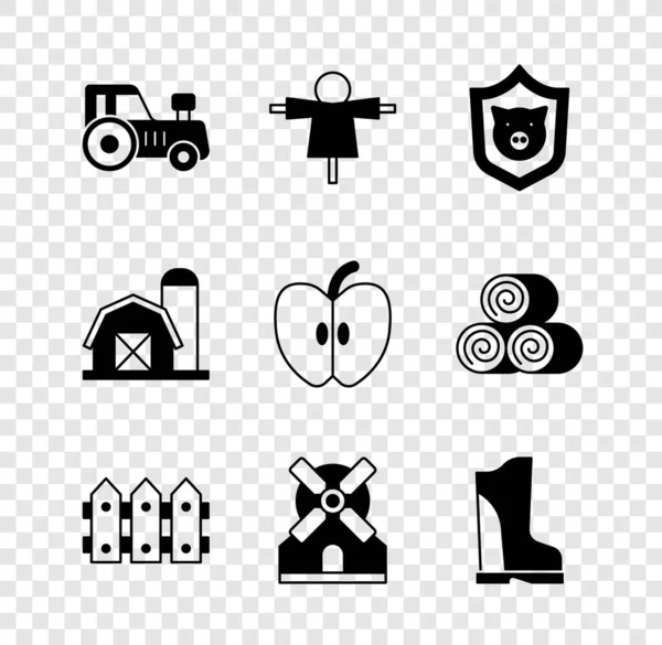 Set Tractor, Scarecrow, Shield with pig, Garden fence wooden, Windmill, Waterproof rubber boot, Farm house and Apple icon. Vector — Stockvektor