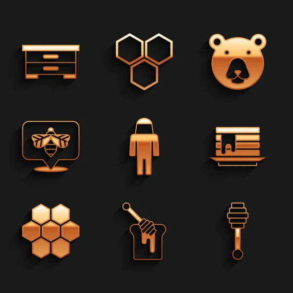 Set Beekeeper with protect hat, Honey dipper stick honey, Stack of pancakes, Honeycomb, Bear head and Hive for bees icon. Vector — Stockvektor