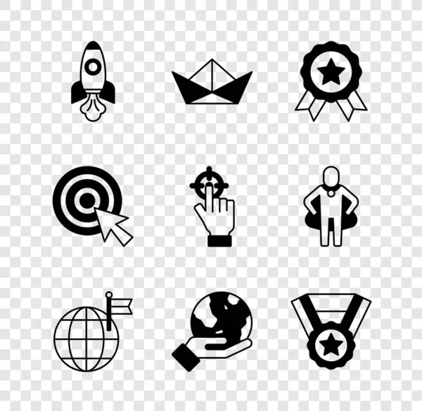 Set Rocket ship, Folded paper boat, Medal, Planet with flag, Hand holding Earth globe, Target arrow and icon. Vector — Archivo Imágenes Vectoriales