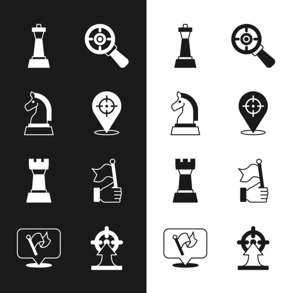 Set Target, Chess, with magnifying glass, Hand holding flag, and Flag icon. Vector — Stockvektor