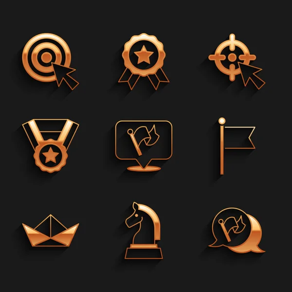 Set Flag, Chess, Folded paper boat, Medal, Target and with arrow icon. Vector — 스톡 벡터