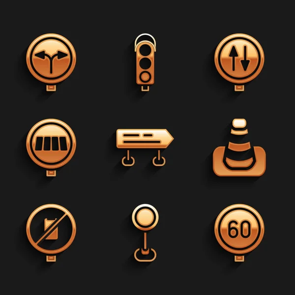Set Road traffic sign, Speed limit, Traffic cone, No cell phone, Pedestrian crosswalk, warning two way and Fork the road icon. Vector — 스톡 벡터