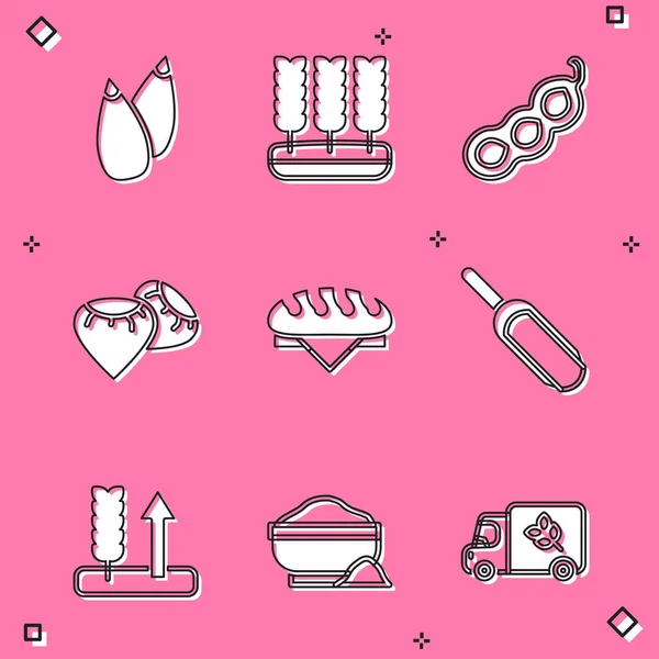 Set Seed, Wheat, Green peas, Bread loaf, Scoop flour, and Flour bowl icon. Vector — ストックベクタ