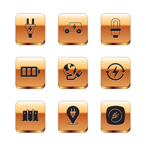 Set Electric plug, Hydroelectric dam, Global energy power planet, Battery, LED light bulb, and car icon. Vector — 스톡 벡터