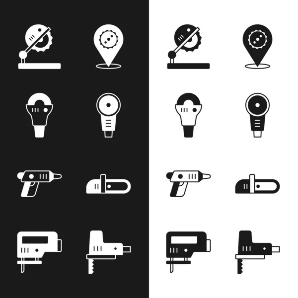 Set Angle grinder, Table saw for woodwork, Circular blade, Electric cordless screwdriver, Chainsaw, jigsaw and icon. Vector — Stock Vector