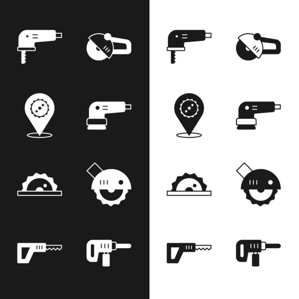 Set Elektrische schuurmachine, cirkelzaagblad, decoupeerzaag, Hoekfrees, cirkelzaag, boormachine en Reciprocating icoon. Vector — Stockvector