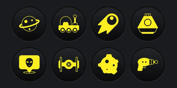 Set Alien, Space capsule, Cosmic ship, Asteroid, Comet falling down fast, Mars rover, Ray gun and Planet Saturn icon. Vector — Image vectorielle