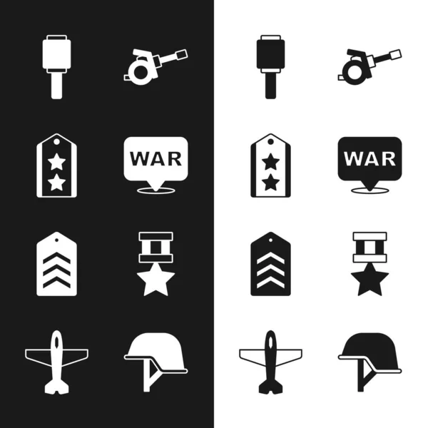 Set The word war, Military rank, Anti-tank hand grenade, Howitzer, Chevron, reward medal, helmet and Plane icon. Vector — Archivo Imágenes Vectoriales