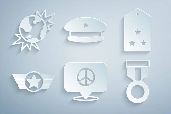 Set Location peace, Military rank, Star American military, reward medal, beret and Bomb explosive planet earth icon. Vector — ストックベクタ