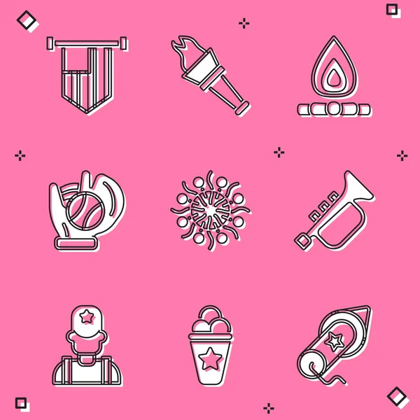 Set American flag, Torch flame, Campfire, Baseball glove with ball, Firework, Trumpet, Sheriff cowboy and Ice cream in waffle cone icon. Vector — стоковый вектор