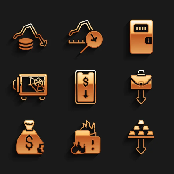 Set Mobile stock trading, Fire burning house, Gold bars, Briefcase, Money bag, Safe, Prison cell door and Dollar rate decrease icon. Vector — 스톡 벡터