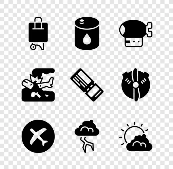 Set Suitcase, Barrel oil, Airship, Plane, Storm, Sun and cloud weather, crash and Airline ticket icon. Vector — Stockvektor