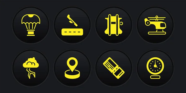 Set Storm, Helicopter, Location, Airline ticket, Parachute, Plane landing, Clock and Box flying parachute icon. Vector — Stok Vektör